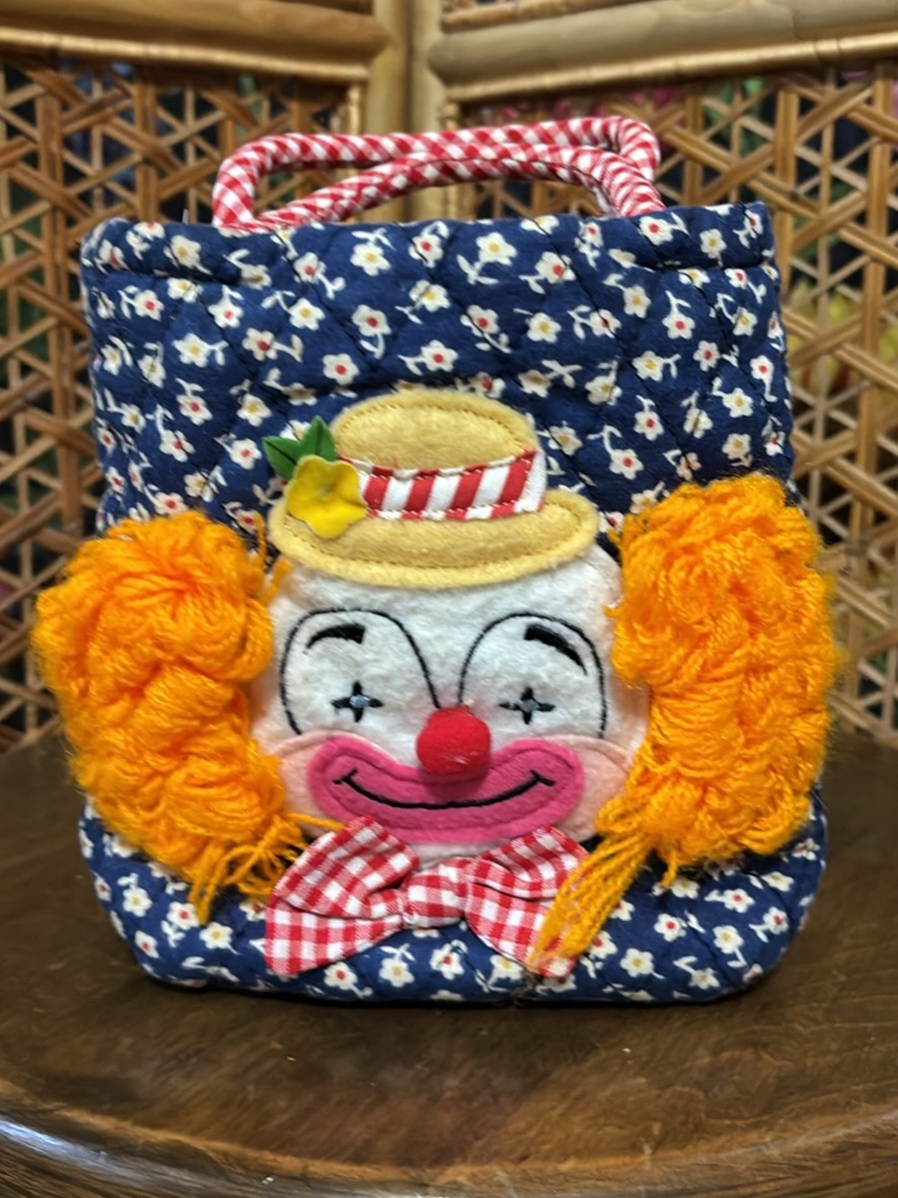 Russ Navy Floral Clown Tote with Orange Pom-Poms